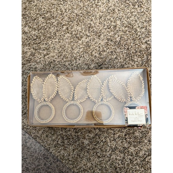 NICOLE MILLER Easter BUNNY EARS Napkin Rings Natural Jute Burlap BEADED Set Of 4 - Picture 1 of 2